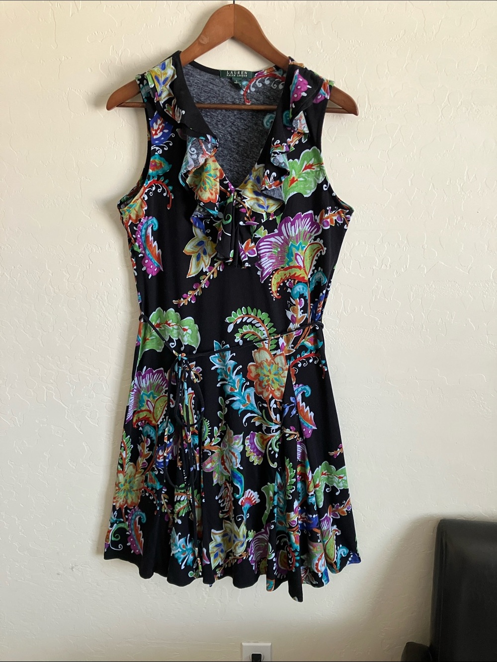 Lauren Ralph Lauren Womens L Dress Black Floral Sleeveless Fit & Flare Ruffles
